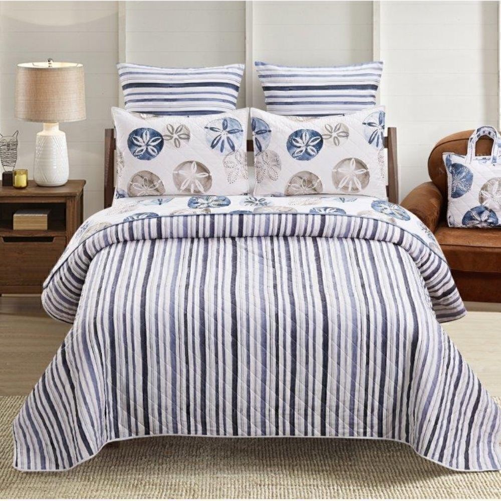 NEW! Beach Theme Sand Dollar Boho Printed KING Quilt Set with Matching Tote Bag - Picture 2 of 8